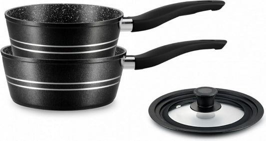 2 pcs, saucepan, aluminum, marble-coated, gas-induction-electric, Glass Lid, soft-touch handles, ROYALTYLINE FS2M-BLACK