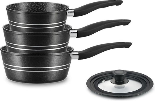 3 pcs, saucepan, aluminum, marble-coated, gas-induction-electric, glass Lid, soft-touch handles, ROYALTYLINE FS3M-BLACK