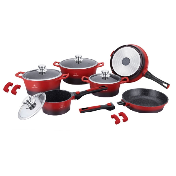 14 pcs, cookware set, red-black, click handle, marble coated, glass lids, Herenthal CES2014M