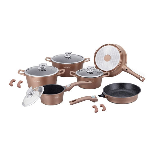 14 pcs, cookware set, brown copper, click handle, marble coated, glass lids, ROYALTYLINE ES2014M-BN