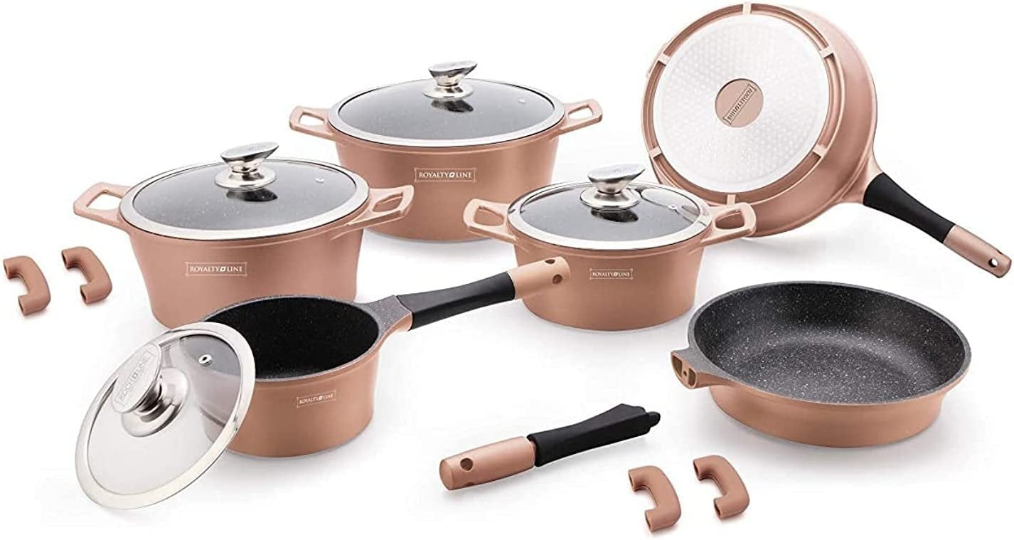 14 pcs, cookware set, copper, marble-coated, glass-lids, removeable click-handle, Royalty Line RL-ES1014M