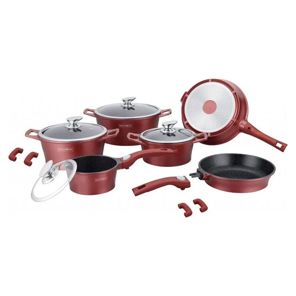 14 pcs, cookware set, burgundy, click handle, marble coated, glass lids, Royalty Line ES2014M