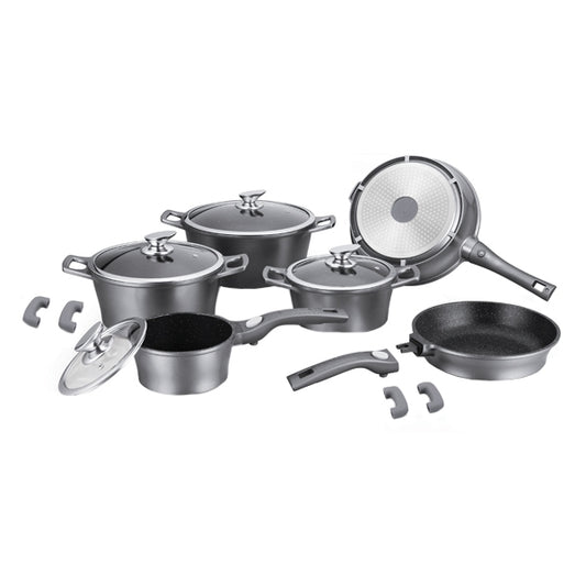 14 pcs, cookware set, silver, click handle, marble coated, glass lids, Royalty Line ES2014M