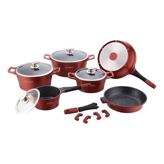 14 pcs, cookware set, burgundy, removeable handle, marble coated, glass lids, Royalty Line RL-ES1014M