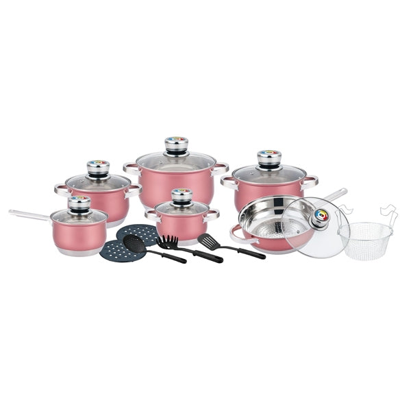 18 pcs, cookware set, pink, stainless-steel, glass-lids, Herenthal 1801BBR