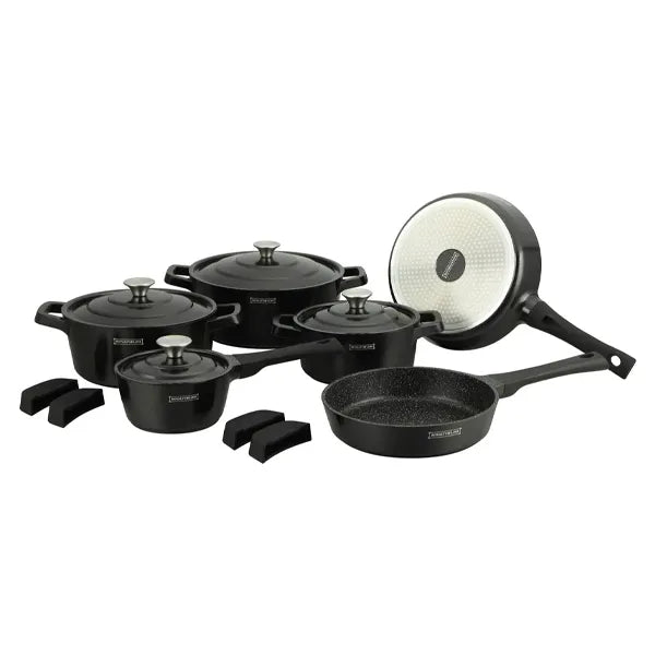 14pcs Set Cookware, Cast Aluminum, Dishwasher-safe, Induction-ready, 3*Casserole, 1*Saucepan, 2*Frypan, 4*Glass Lids, 4*Silicone Handles, Black, 3 Year Warranty ROYALTYLINE OS1014-BK