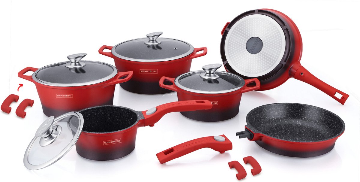 14pcs, cookware set, cast aluminum, marble-coated, dishwasher-safe, gas-induction, ROYALTYLINE ES2014M-RD