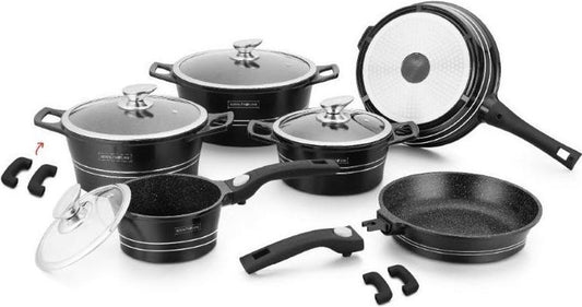 14 pcs, cookware set, black, removeable handle, marble coated, glass lids, ROYALTYLINE ES2014M-BK