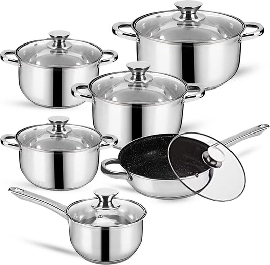 12pcs Set Cookware, Stainless-Steel, Dishwasher-safe, Induction-ready, 5*Casserole, 1*Frypan, 6*Glass Lids, Silver, ROYALTYLINE 1231B