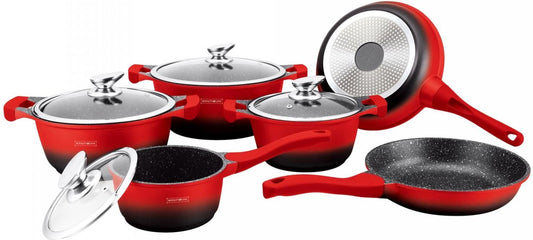 10 pcs, pot set, red-black, cast aluminum, marble-coated, glass lid, induction, electric, gas, ceramic,halogen, ROYALTYLINE BS1010M